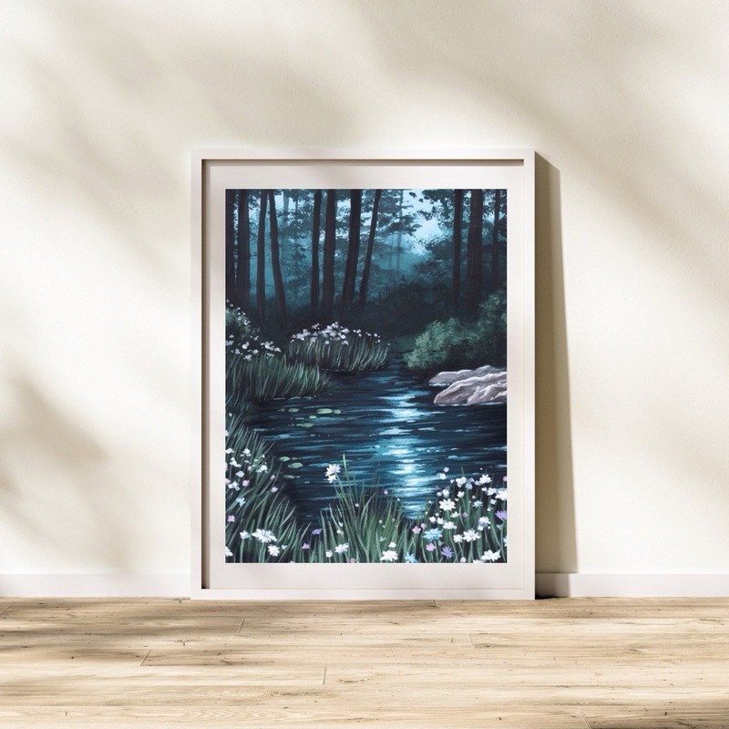 Dark Fairy-Core Pond | Lily Pad Dark Blue Landscape Art | Wall Art | Woodland gallery