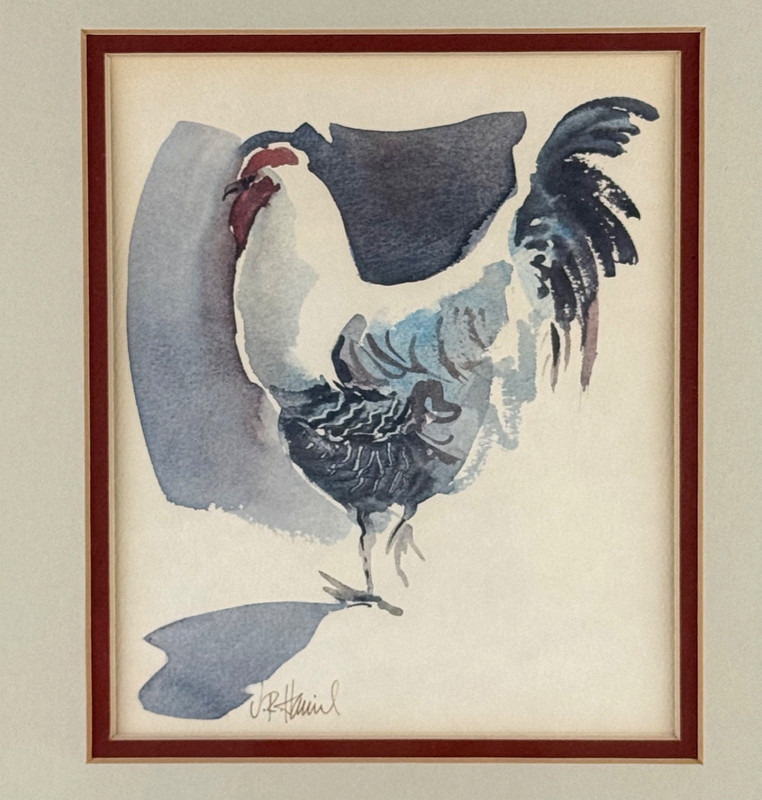 Rare J.R. Hamil Rooster Watercolor Print Signed Framed Rural Country 9.5x10.5" gallery