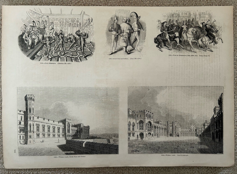 Antique Print Windsor Castle c1860s Engraving Court Fool Mummers Architecture