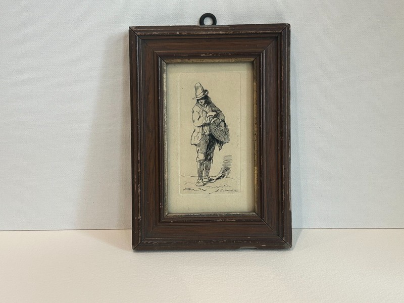 Antique Etching 1851 Signed / Antique Etching 19th C – Signed Man with Hat