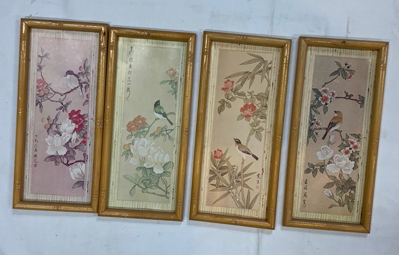 4 Vintage Asian-Inspired Bird & Floral Framed Art Prints Bamboo Style Frame.