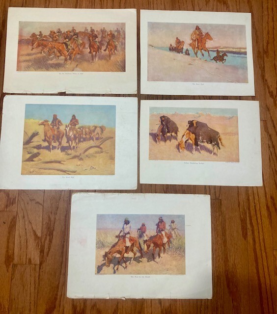Vintage Lot of 5 Western Art Prints by Frederick Remington Cowboy Cabin Decor