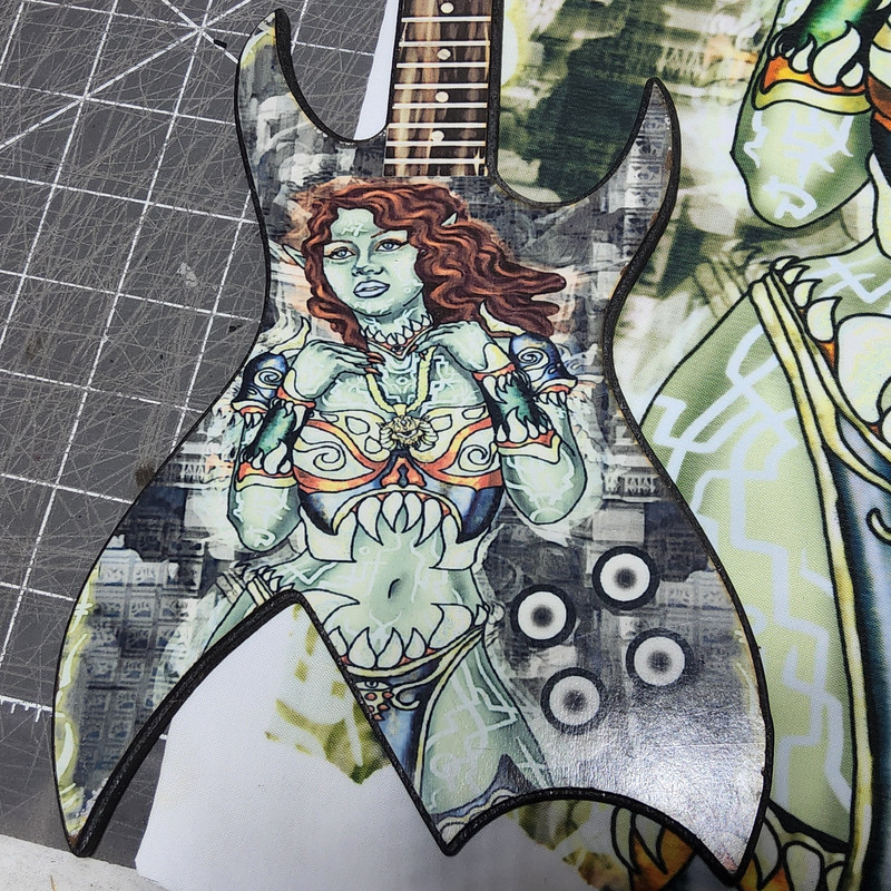 Combo set thick warrior green female 12x19 digital art print & 7x17 mini guitar gallery
