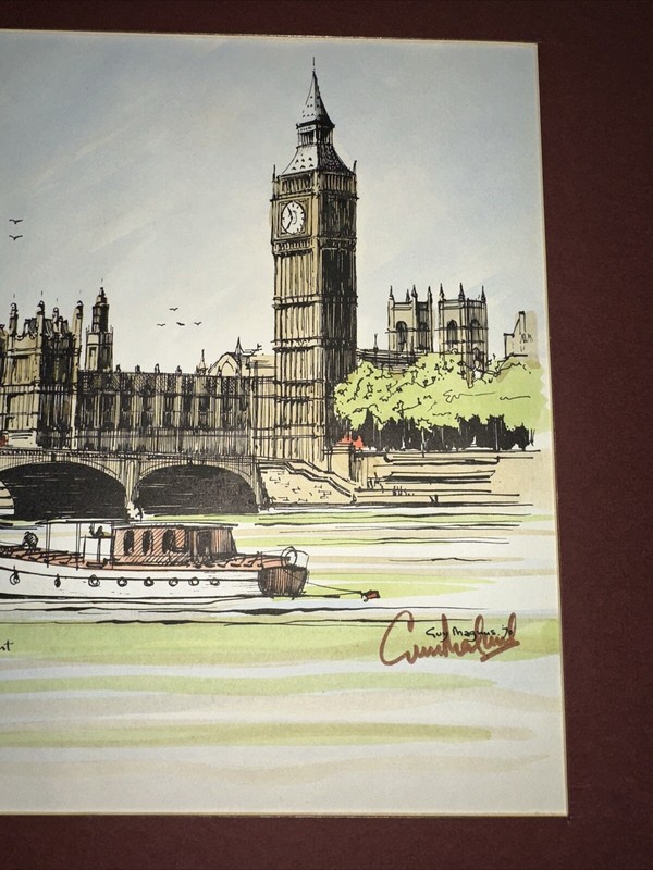 TWO 1970S SIGNED HAND COLORED GUY MAGNUS PRINTS WESTMINSTER ABBEY & HOUSE PARLI gallery