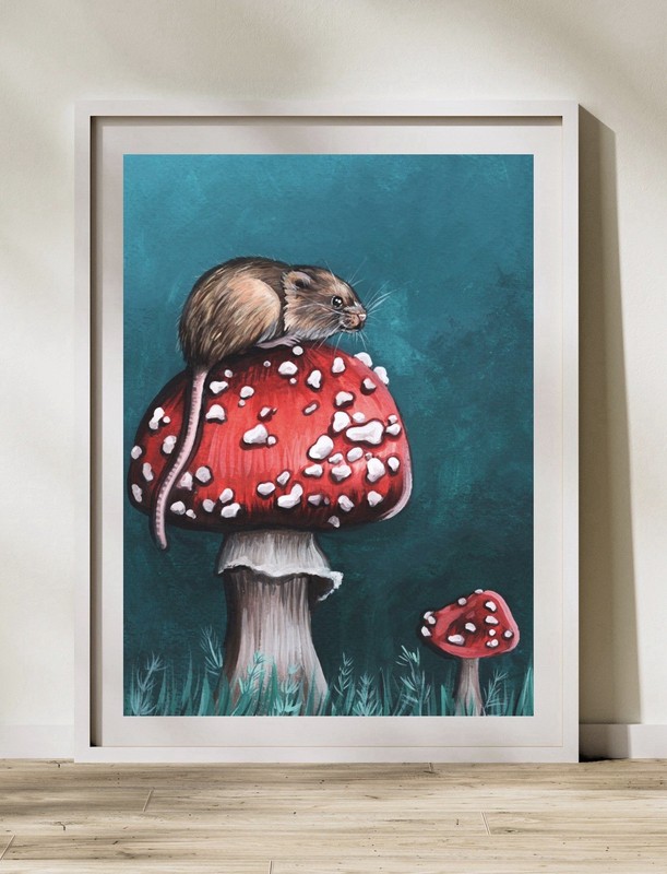 Woodland Mouse on Fly Agaric Mushroom | Original Gouache Art Print | Wall Art