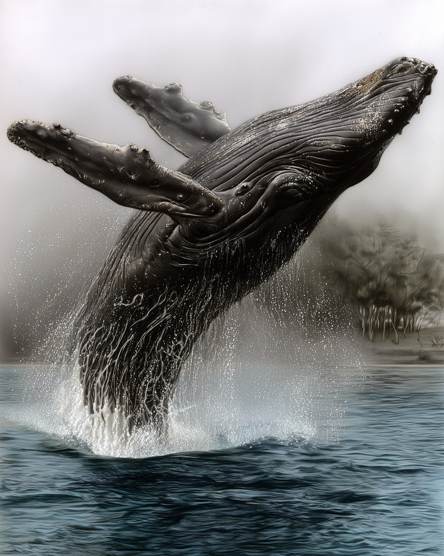 8×10 Humpback Whale breaching above waves, ocean, dramatic realism – 693088397