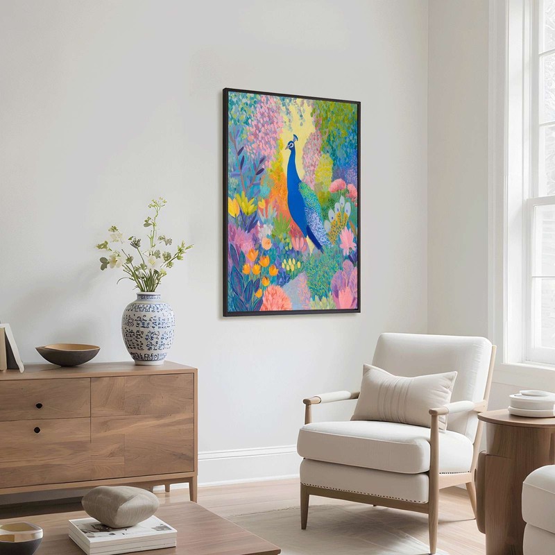 Vibrant Peacock Garden Framed Canvas Print Tropical Bird Wall Art Home Decor gallery