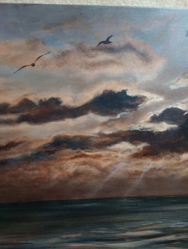 Picture Seascape Sunset 60x40cm Unframed Canvas Brown Grey Seabirds Sea Wall Art