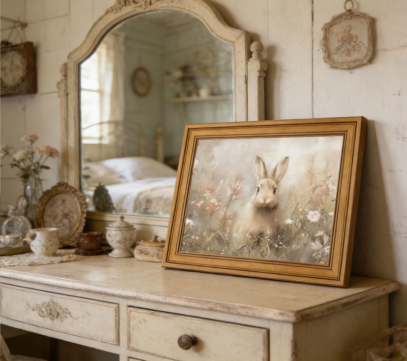 Gold Framed Vintage Easter Bunny Canvas Wall Art Neutral Rabbit Meadow Painti... gallery