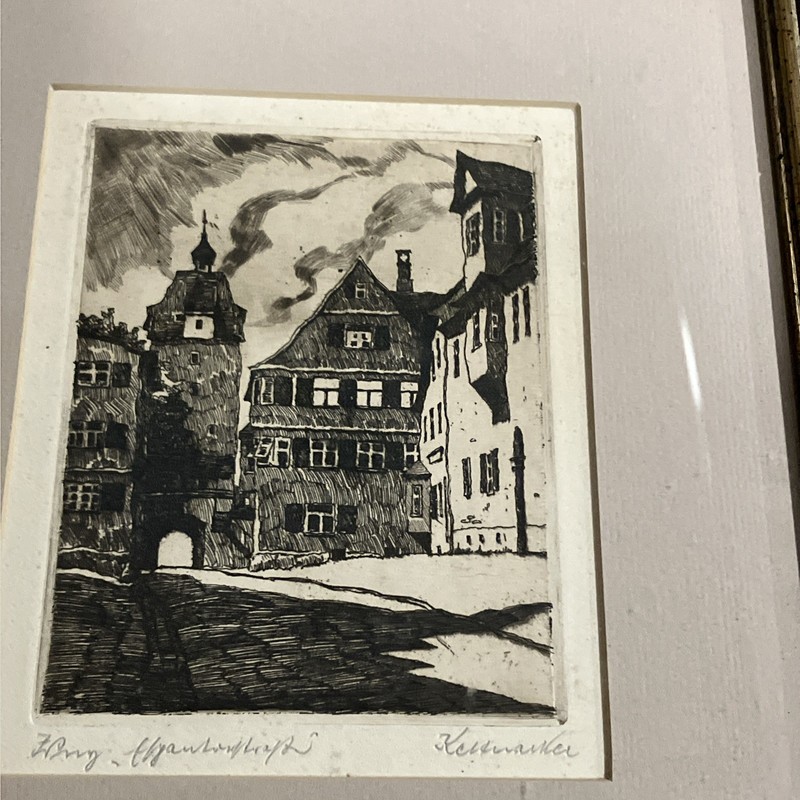 Original Etching European Street Scene Architecture From Estate Framed