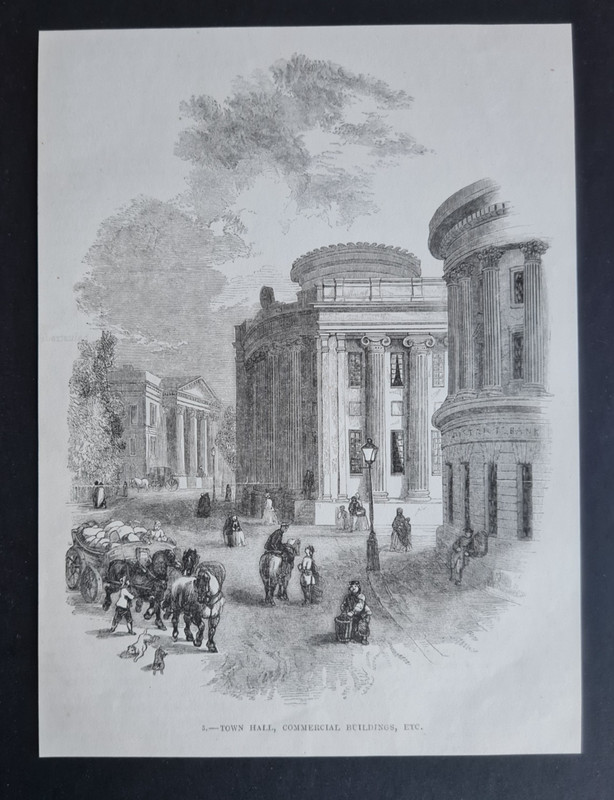Antique 1850 print – Town Hall & Commercial Buildings – Leeds – Yorkshire