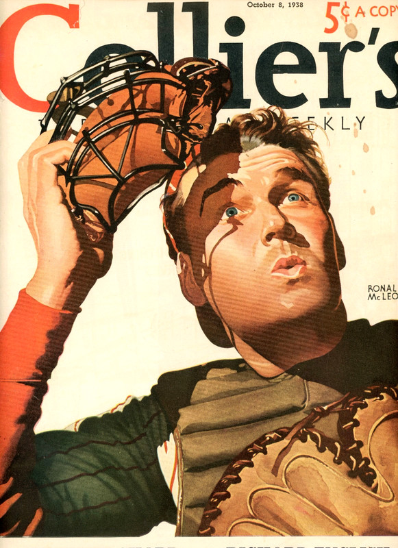 1938 Original Vintage Baseball Color Cover Art. Catcher Looks Up. Ron McLeod Art