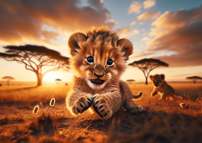 Cuddly Lion Cub on the Savannah – A3 Size Borderless Print