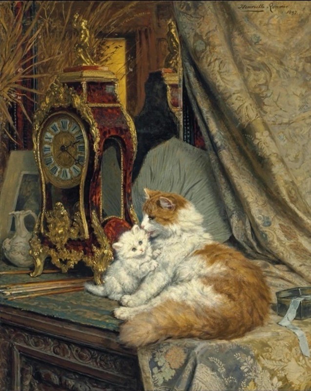 1800s Antique Clock Cat Animal Painting Reproduction Giclee Print Fine Art Paper
