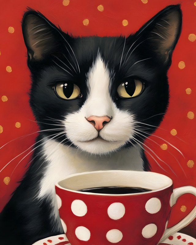 8×10 Black & White Cat Sitting In Red Cup Art Print Wall Decor – 925454988
