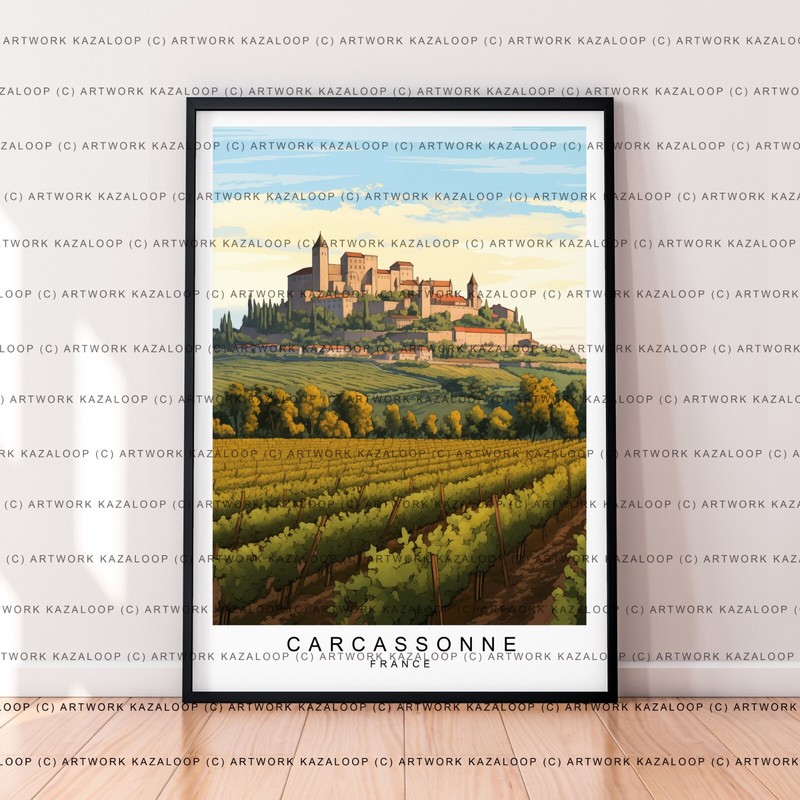French village unframed illustration Carcassonne castle landscape travel artwork