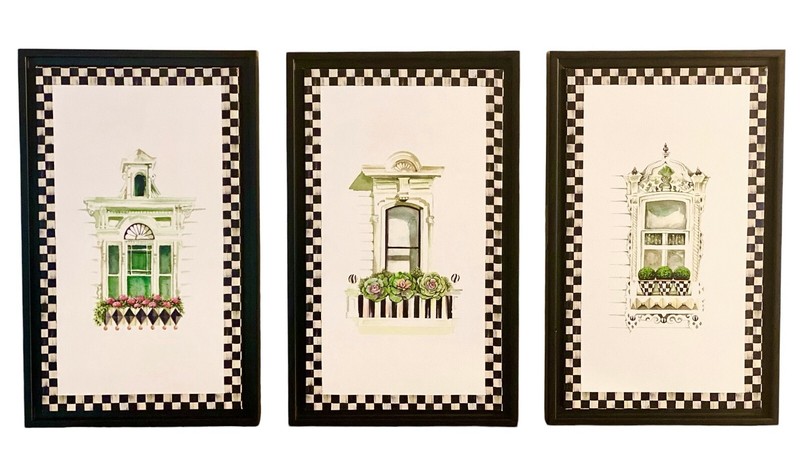 Mackenzie Childs Window Wall Art Set of 3 Giclée Images Courtly Check New