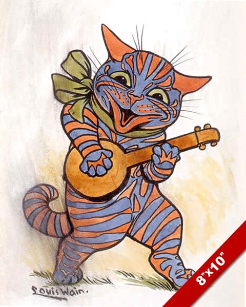 ORANGE & BLUE CAT PLAYING MUSIC GUITAR LOUIS WAIN PAINTING ART REAL CANVAS PRINT