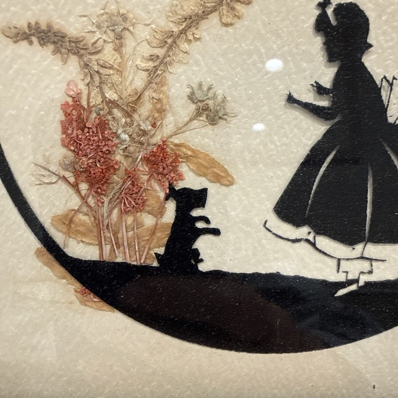 1930’s Silhouette Reverse Painting Girl Dog Tree Dried Flowers 6.75" Square gallery