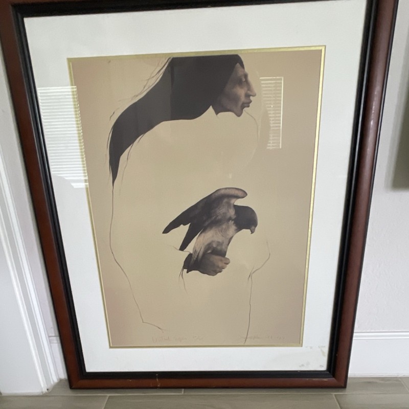 Framed Bird Art Print with Abstract Figure Portrait on Paper