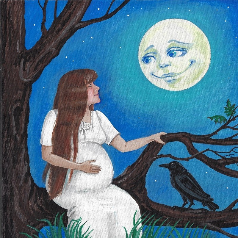4x4 print of painting RYTA Halloween witch raven pregnancy crow full moon art