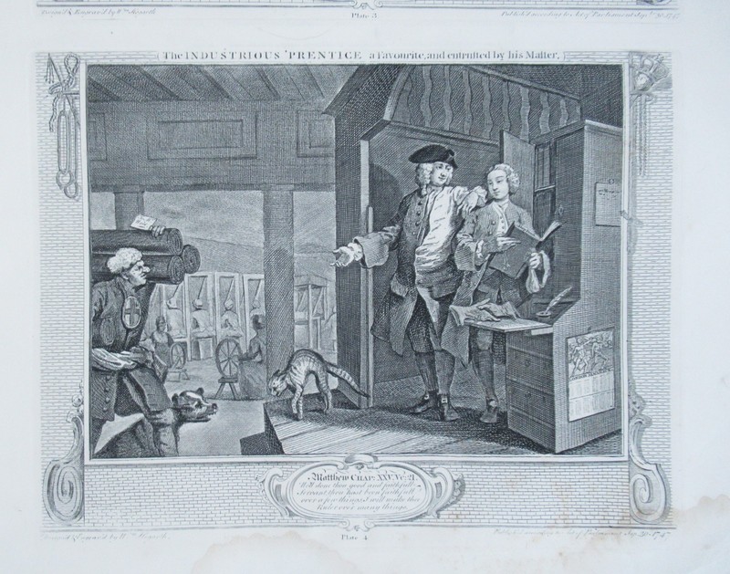 Eleven (of 12) original antique prints by William Hogarth, Industry and Idleness gallery