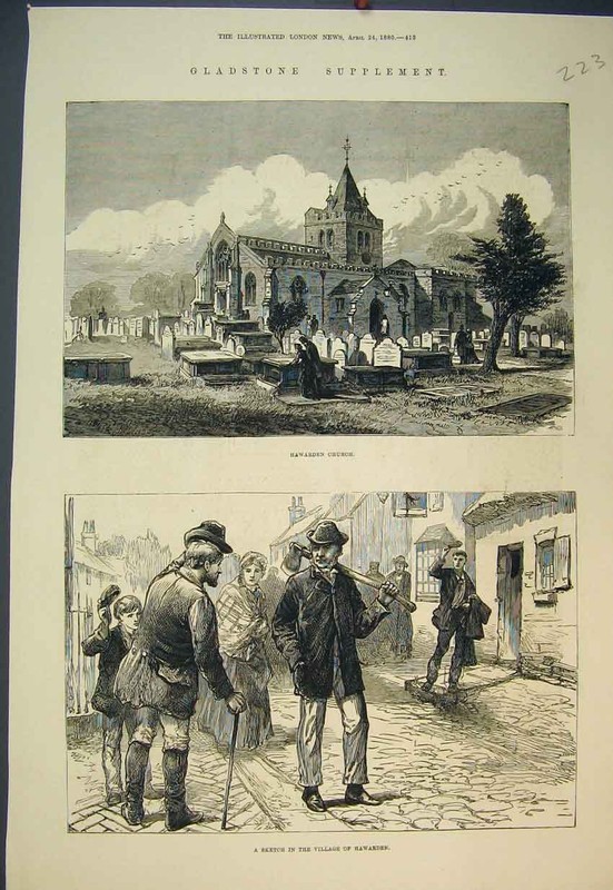 Original Old Antique Print 1880 Gladstone Hawarden Church Village Street Scene