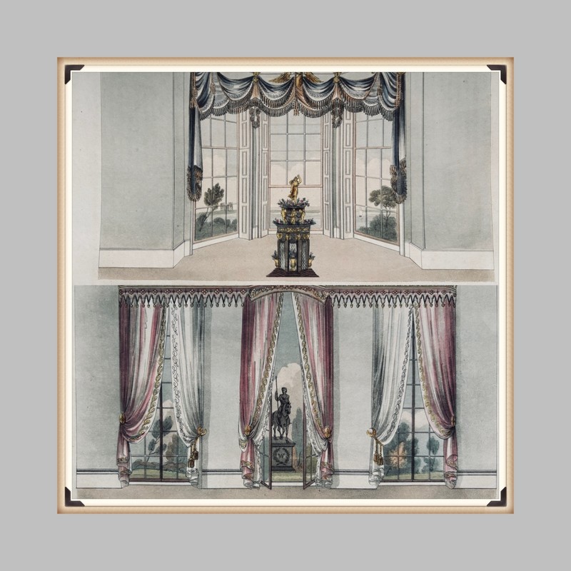 1820 Ackermann’s Repository Regency Furniture Window Draperies Curtain 2 Plates