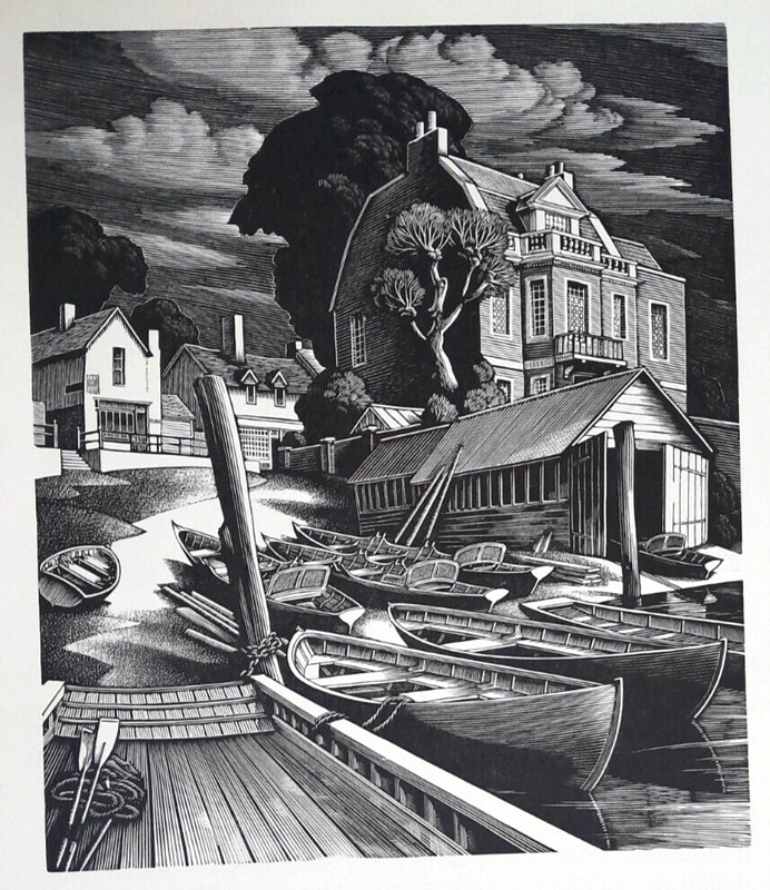MACKLEY FERRY BOAT BOATS BOAT-HOUSE Print of Woodcut Engraving GEORGE C1952