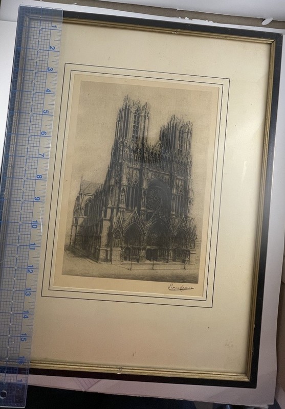 Antique Gothic Cathedral Lithograph c1900 Hand Signed Ponteau Framed Print gallery