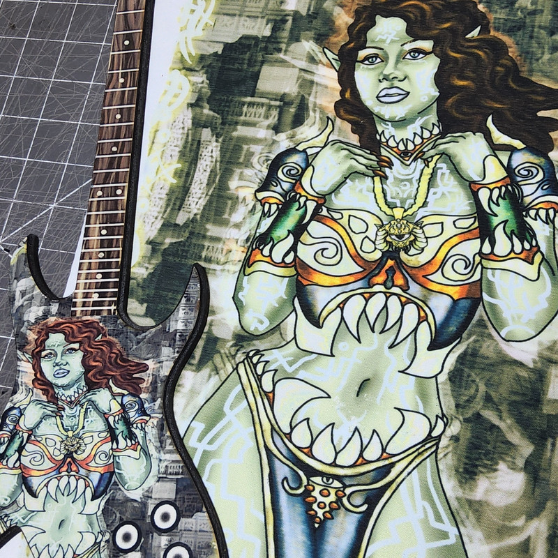Combo set thick warrior green female 12x19 digital art print & 7x17 mini guitar gallery