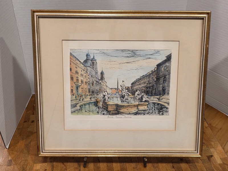 Vtg De Carly Etched Copper Ink Plate Roma Colored 3 Rome Locations Framed gallery