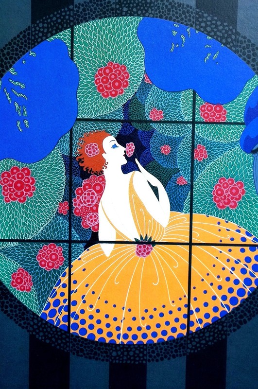Erte 1987 WINTER FLOWERS SEASONS Lady in Pink w Polka Dots Matted Art Deco Print