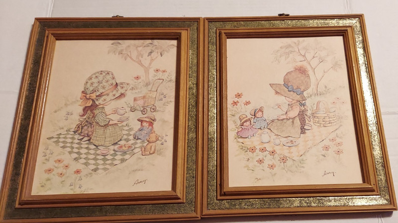 Vintage Hollie Hobbie Inspired Prints Amy Tea Time Pair of 2 Framed Prints Wall