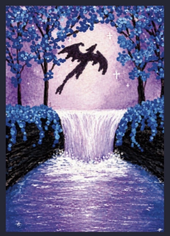 ACEO Print Dragon Waterfall Fantasy Landscape Blue Floral Art by Lisa