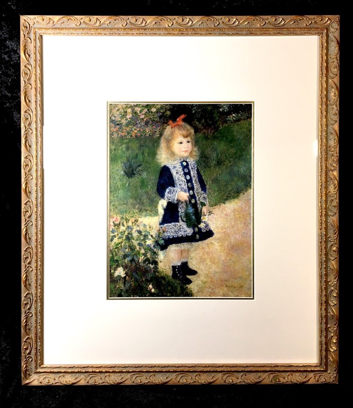 A Girl With Watering Can Renoir Print Matted in Gilded Wood Frame Under Glass