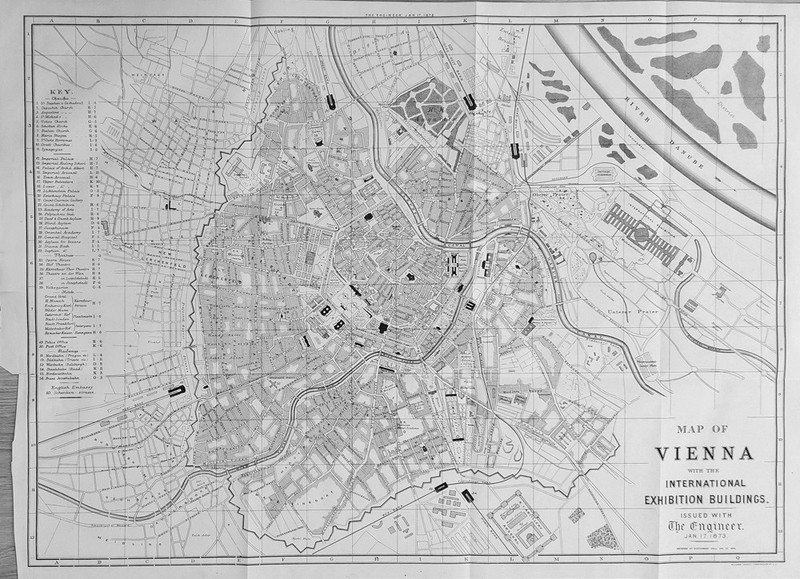 VIENNA Austria Map of the City with Exhibition Buildings Antique Print 1873