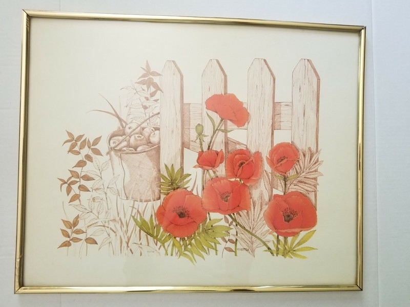 VTG Frank Massa Red Poppies Apples Cottage Core Yard Painting Print Signed