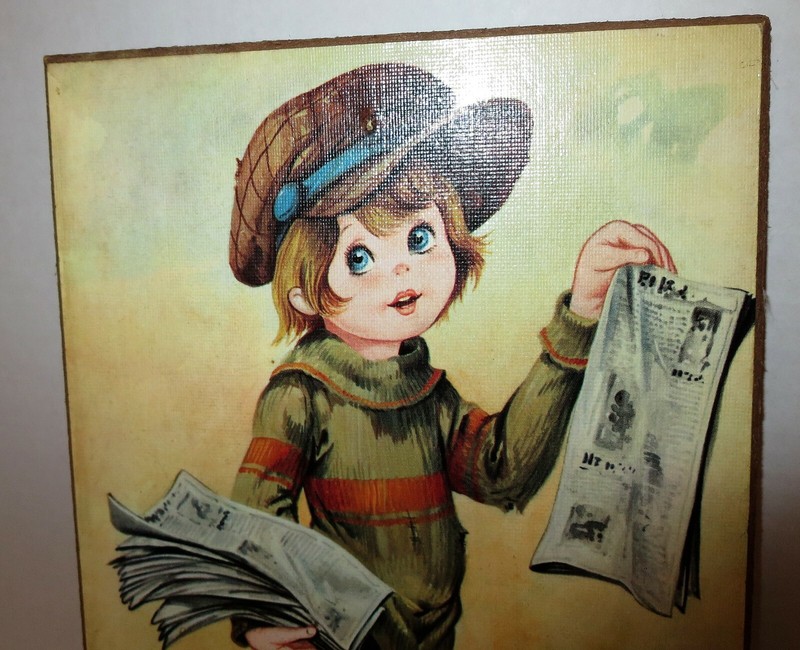 Vintage 60s Big Eyes Boy Newsie & Dog Mounted Art Paperboy Made in Italy Eyed gallery
