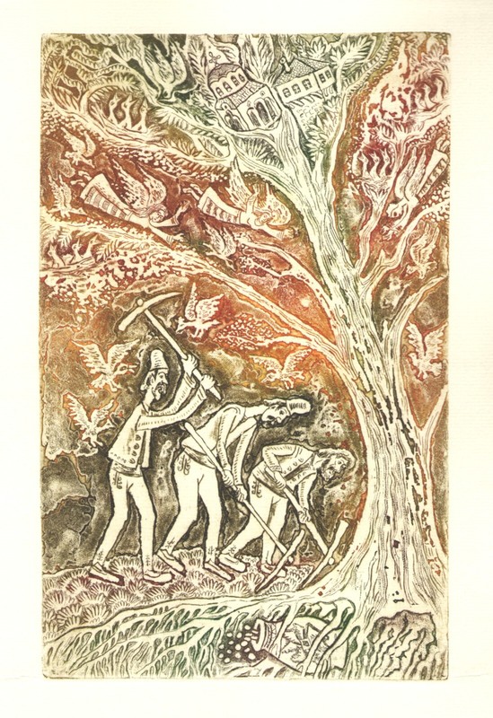 Original etching of people searching for treasure