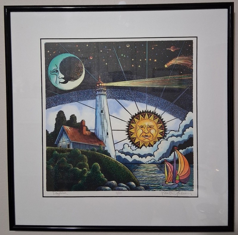 Sun Moon Stars Celestial Painting Framed Art Wisconsin Lighthouse Signed