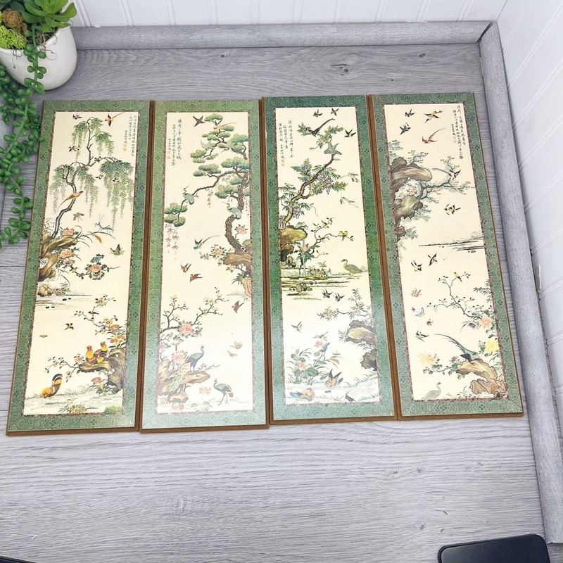 4 Large Mid Century Wood Panels Asian Birds Prints Evangeline Paint 1963 15 x 5" gallery