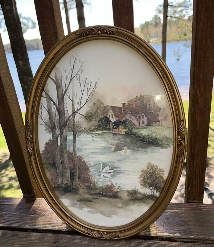 Vintage Gold Framed Print Of FRANK MASSA Painting Lake Cottage Swan Trees 17×9