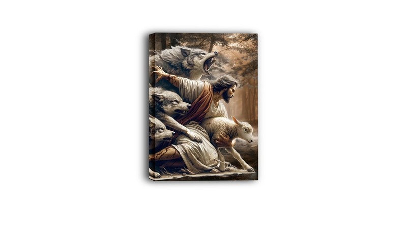 Jesus Protecting the Lamb Wall Art – 12x16 Inch Christian Canvas Print of