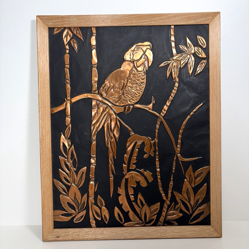 Repousse Relief Copper Parrot Bamboo Tropical Tiki Folk Art Wood Framed 13x16.25