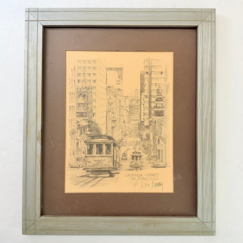 San Francisco California Street Cable Car Art Drawing 1977 Don Davey Framed