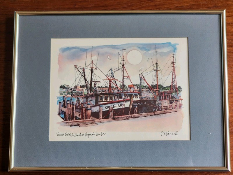 R.E. Kennedy Signed "View Of The Waterfront at Hyannis Harbor" FRAMED Watercolor