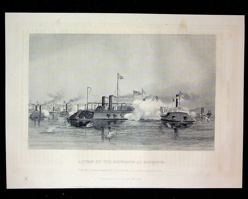 1862 Civil War Engraving Print Action Of The Gunboats At Memphis Alonzo Chappel