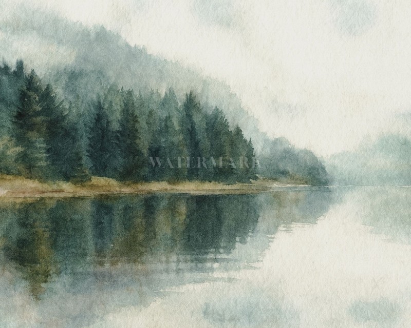 Foggy Lake Landscape Watercolor Painting 8″x10″ Art Print