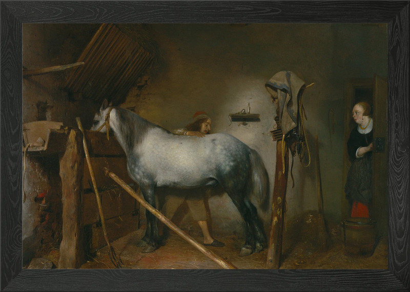 Stable Interior with a Gray Horse Framed Wall Art Poster Canvas Print Picture